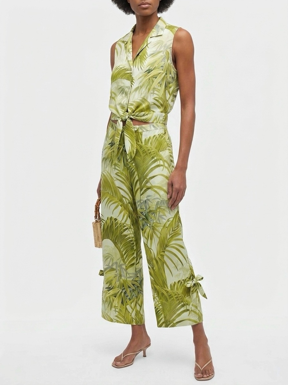 TOMMY BAHAMA 100% Silk 2pc Tropical Palm Print Set Tie Front Top & Crop Pants 6